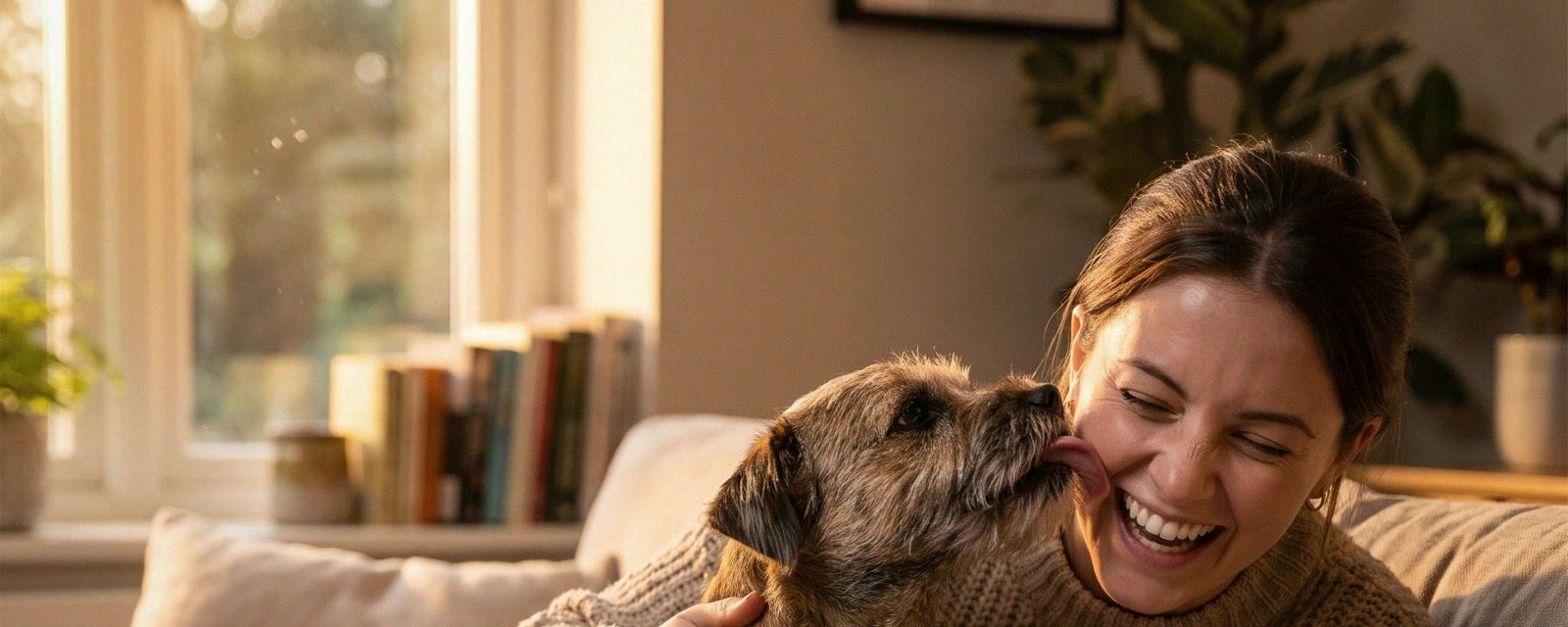 Terrier licking its owner's face on the sofa